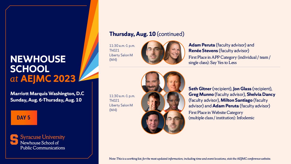 Thursday @aejmc: Join us for engaging sessions like 'How Much is Too Much? Examining Self-Disclosure in Social Media Influencers' and celebrate more awards! #AEJMC23 #NewhouseImpact #NewhousePhD