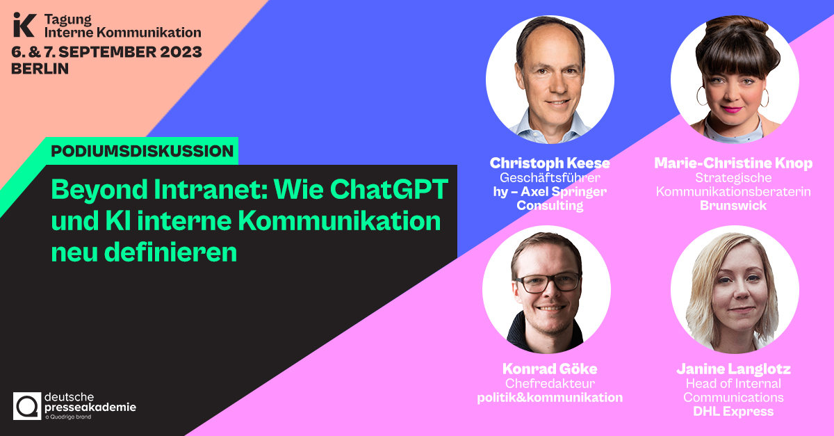 Welche Chancen bietet die #KI für die IK? 🤖🧠Auf der Tagung #InterneKommunikation am 6. &amp; 7. September diskutieren wir gemeinsam mit <a href="/ChristophKeese/">Christoph Keese</a> @lngltz <a href="/KonradGoke/">Konrad Göke ⚪🔴⚪</a> <a href="/Pink__Ponk/">Marie-Christine Knop</a> u. v. m.! Sei live in Berlin dabei: Tickets gibt‘s auf depak.de/tagung-ik