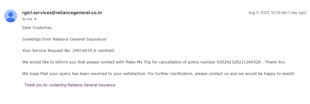 uselessence's tweet photo. @makemytripcare - booking id NN7D1BUNTJTTM66T1798

how to cancel the travel insurance, it was worthless, my parents had to buy new one at the visa center since the reliance one did not have passport number. Reliance is saying to get in touch with you for refund
Help Needed https://t.co/rh7fvY3qRW