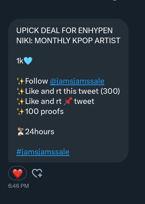 prcsfics_'s tweet image. UPICK DEAL FOR #ENHYPEN_NI_KI : MONTHLY K-POP ARTIST

1K 💙

✨ Follow @Jamsjamssale 
✨ Like and rt (300)
✨ Like and rt 📌 tweet
✨ drop 100 proofs

#jamsjamssale #ENFuelUp #ENVOOSTERS #ENHARTS_DEAL