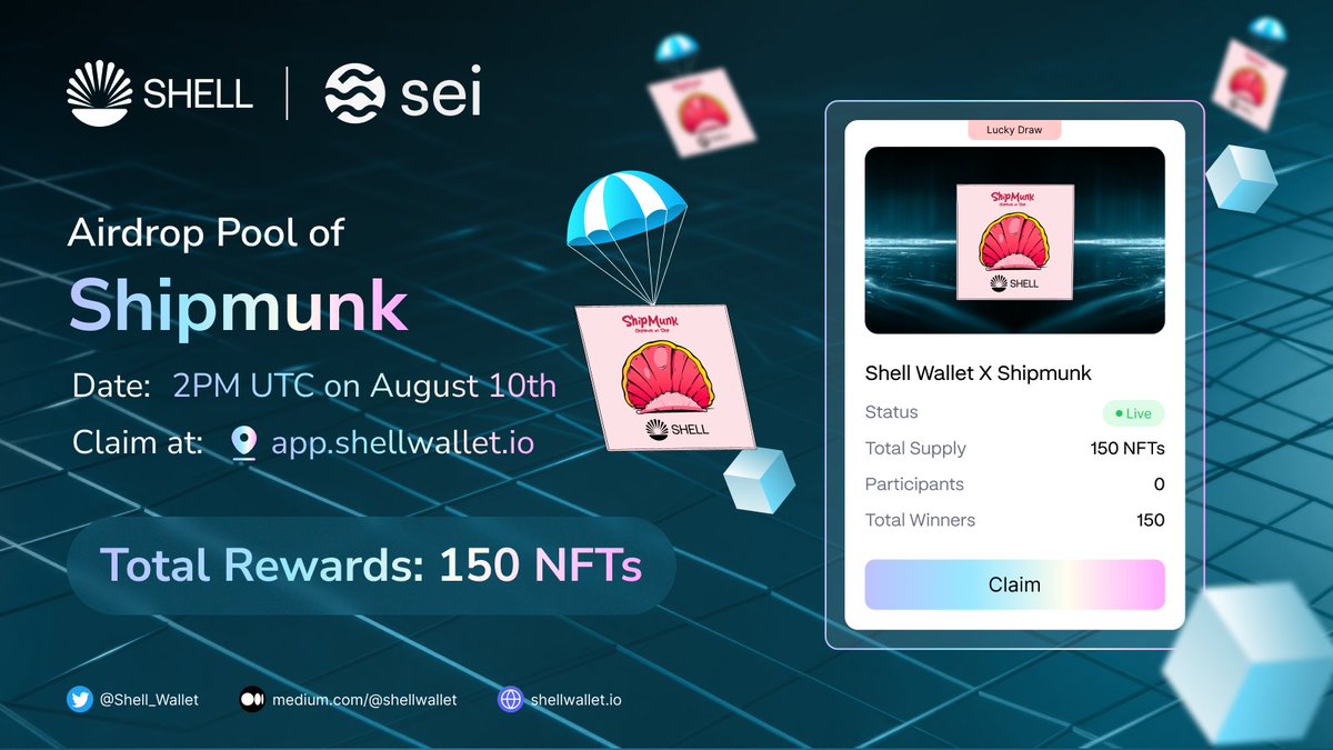 🪂 Airdrop Browser Showcase - Round 3: #TheBiggestAirdroponSei  🌊 🎁

📢 <a href="/ShipmunkNFT/">Shipmunk NFT</a> will launch an airdrop pool on <a href="/Shell_Wallet/">Shell 🐚 | Launching on Sei Network 🚢</a>'s Airdrop Browser for Shell Passport NFT holders.

📍 Venue: app.shellwallet.io
⏰ Start Time: 2 PM UTC on August 10th
💰 Allocation: 150 NFTs