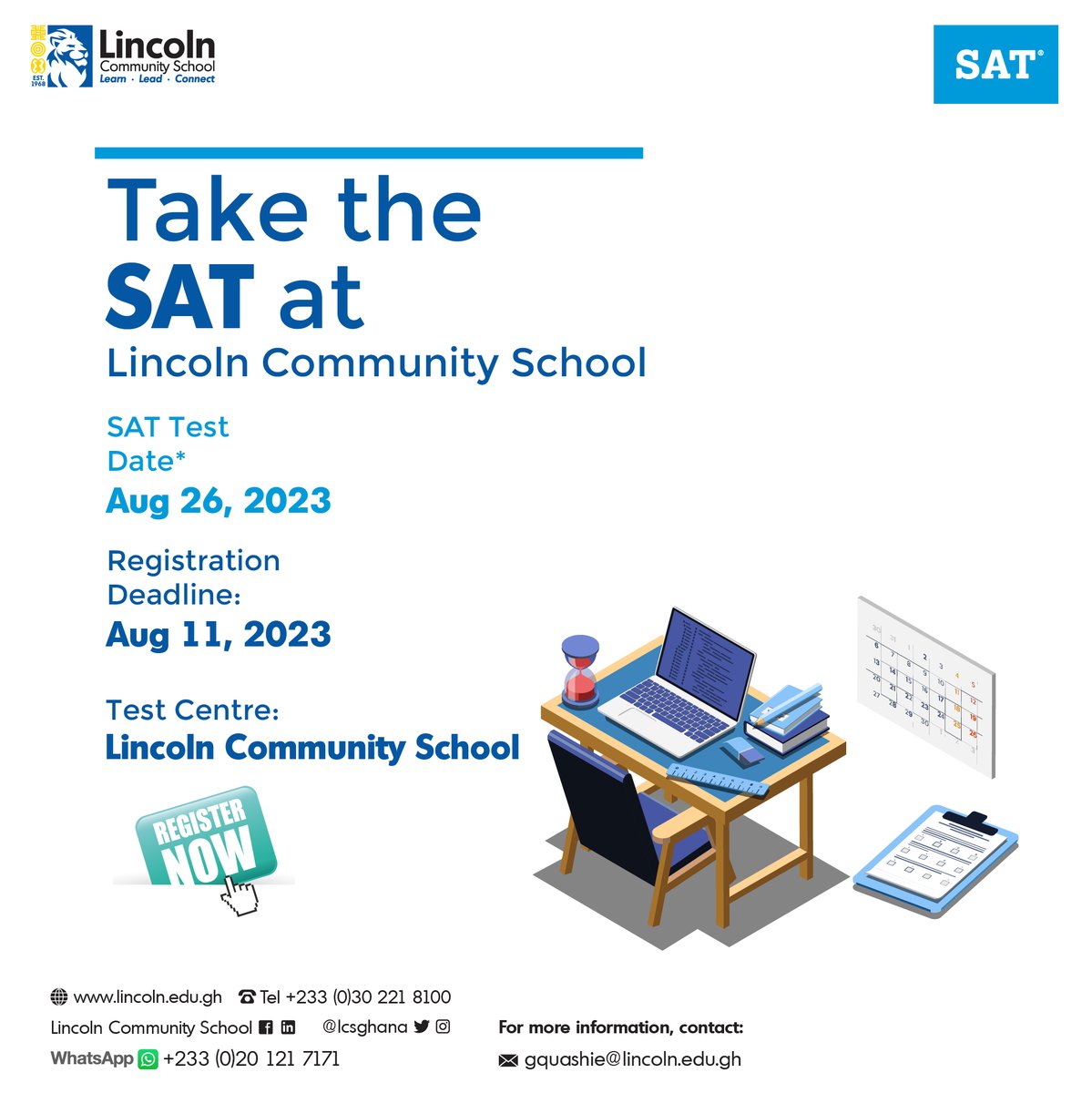 LCSGhana's tweet photo. LCS is an official SAT examination center. Don't miss the opportunity to take the SAT at our school. Experience a convenient and comfortable testing environment while aiming for your best score. Register now and secure your spot – seats are limited.
#lcsghana #SATTestCenter https://t.co/BLgt7rOafz