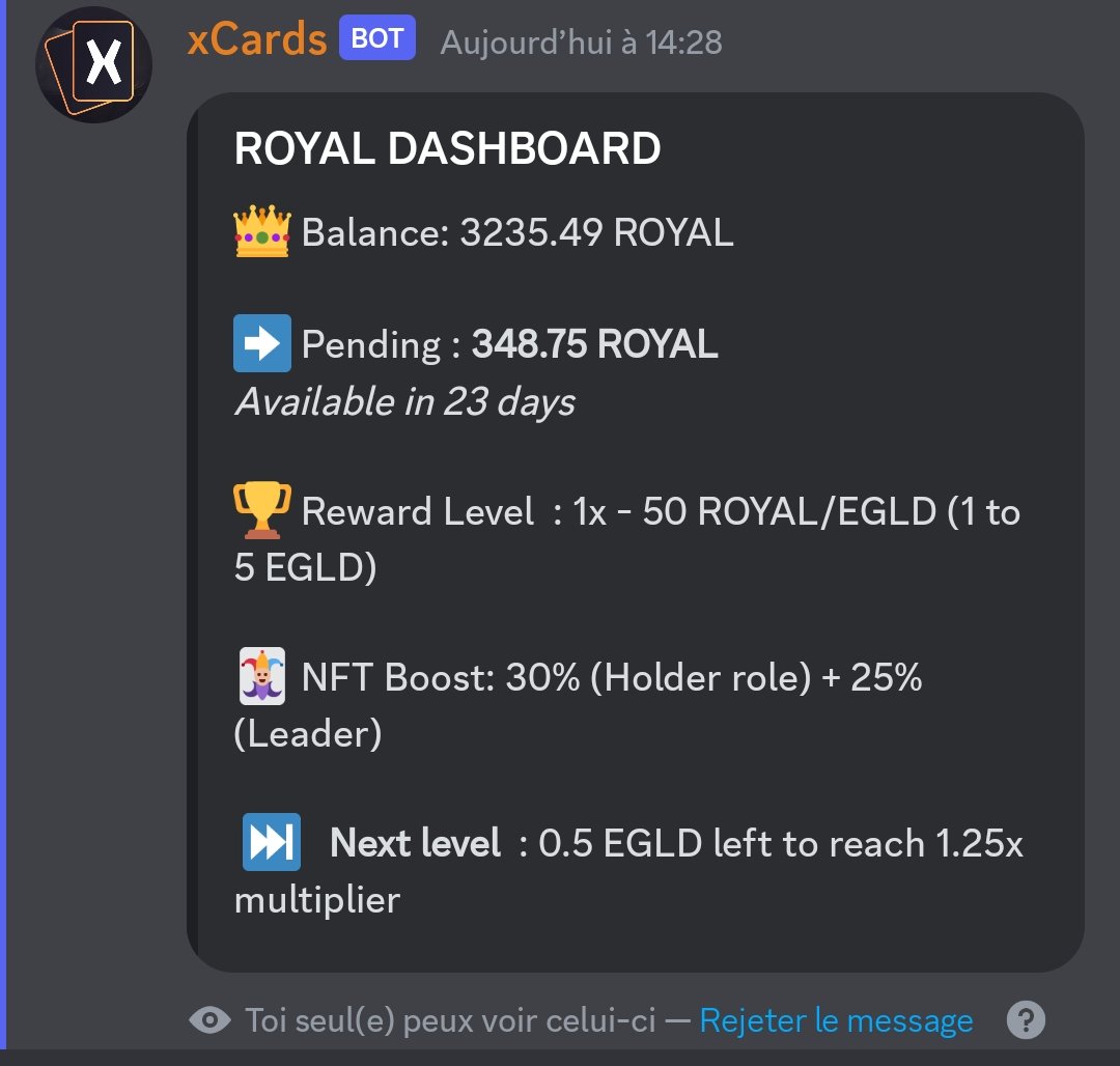 LaTulipeNFT's tweet photo. 500 ROYAL added with my "Whale role" ! 🐋🤑

Another amazing utility added to the diamond hand preflop collection... When will you stop @xCards_ team ? 👀🫶

#jointheclub #MultiversX #egld #royalprogram https://t.co/p1S5m3tIGE