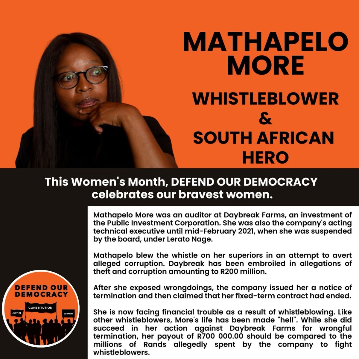 ForDemocracySa's tweet photo. Mathapelo More is yet another example of how whistleblowers suffer the consequences for being truthful in South Africa! We are yet to see if new proposed whistleblower legislation will practically result in whistleblowers being protected &amp; valued in SA. 
#WomensMonth #SAheroes https://t.co/1UdfRUKRVs