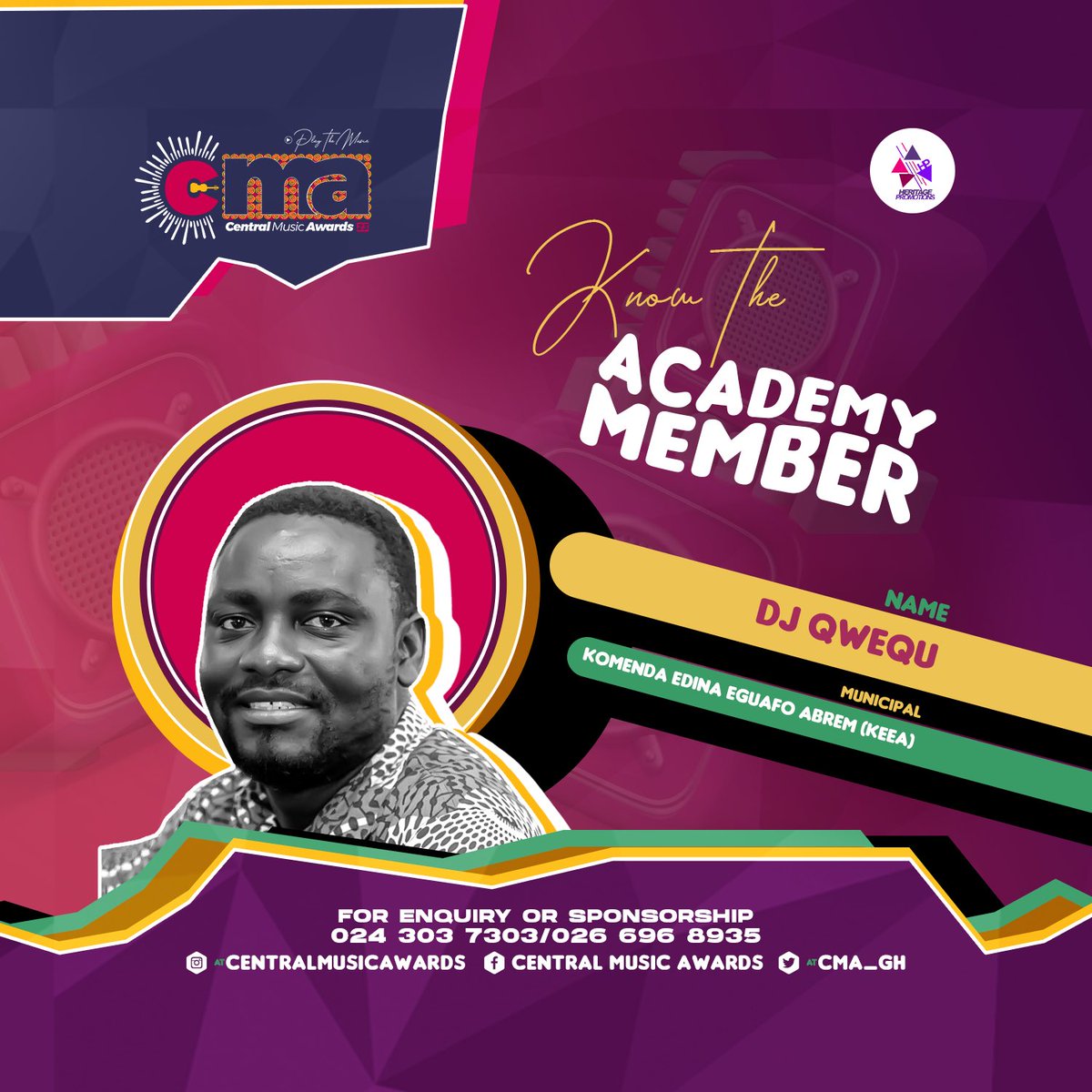 CMA_Gh's tweet photo. Representing KOMENDA EDINA EGUAFO ABREM (KEEA) for Central Music Awards 2023 is @djqwequ, Central Region’s finest promoter and on-air-personality. 

NB: Entries for nomination open on Monday, 28th August 2023. 

The @CMA_Gh is powered by @heritagepromogh 

#CMA23 #PlayTheMusic https://t.co/ZBsA0oRXJa