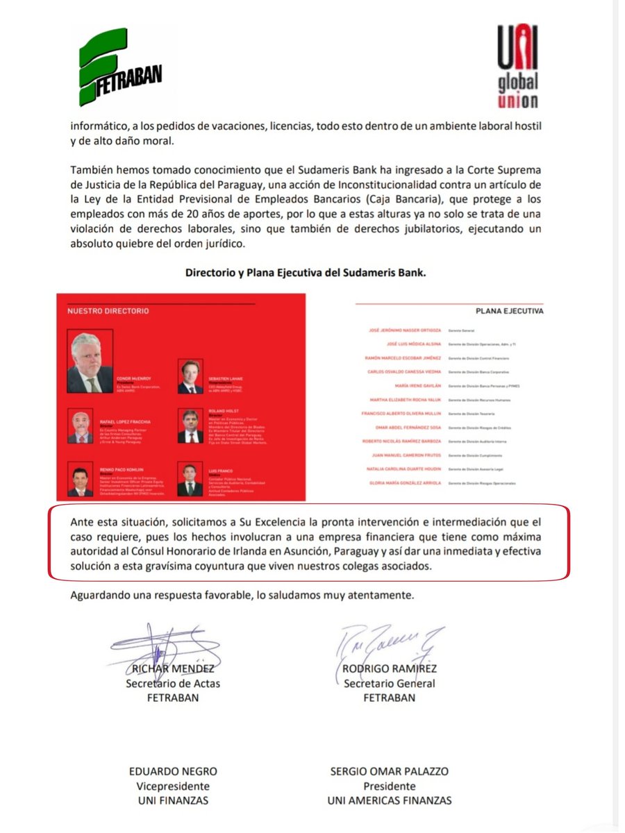GuachireM's tweet photo. Federación de Trabajadores Bancarios solicitó intervención al Embajador Gerard McCoy (@IrlAmbArgentina) por los hechos irregulares contra trabajadores en la fusión Sudameris- Regional, teniendo en cuenta que la máxima autoridad de Sudameris en el país, Conor McEnroy es Cónsul Honorario de Irlanda en Paraguay.