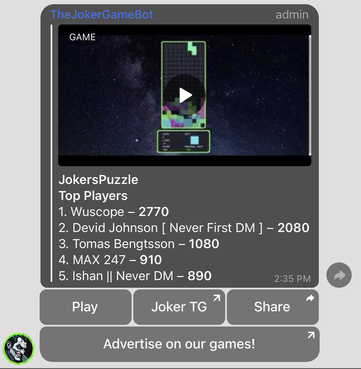 🕹️ Did you know? You can showcase your brand on our game bot – both on the button and during the load-up screen! 

🎮 Interested? 

Slide into our DMs for more details. 🤡 #JokerBotAds