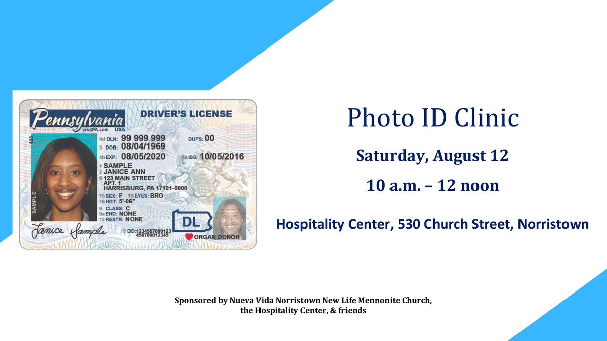 montco_pa's tweet photo. Need a photo ID but struggling with the required fees or paperwork? Help is available.

Norristown Hospitality Center is hosting a Photo ID Clinic this Saturday, August 12, at 10 a.m. to help those in need get their photo IDs, Social Security cards and more.

Walk-ins welcome. https://t.co/cT8B4GcXUg