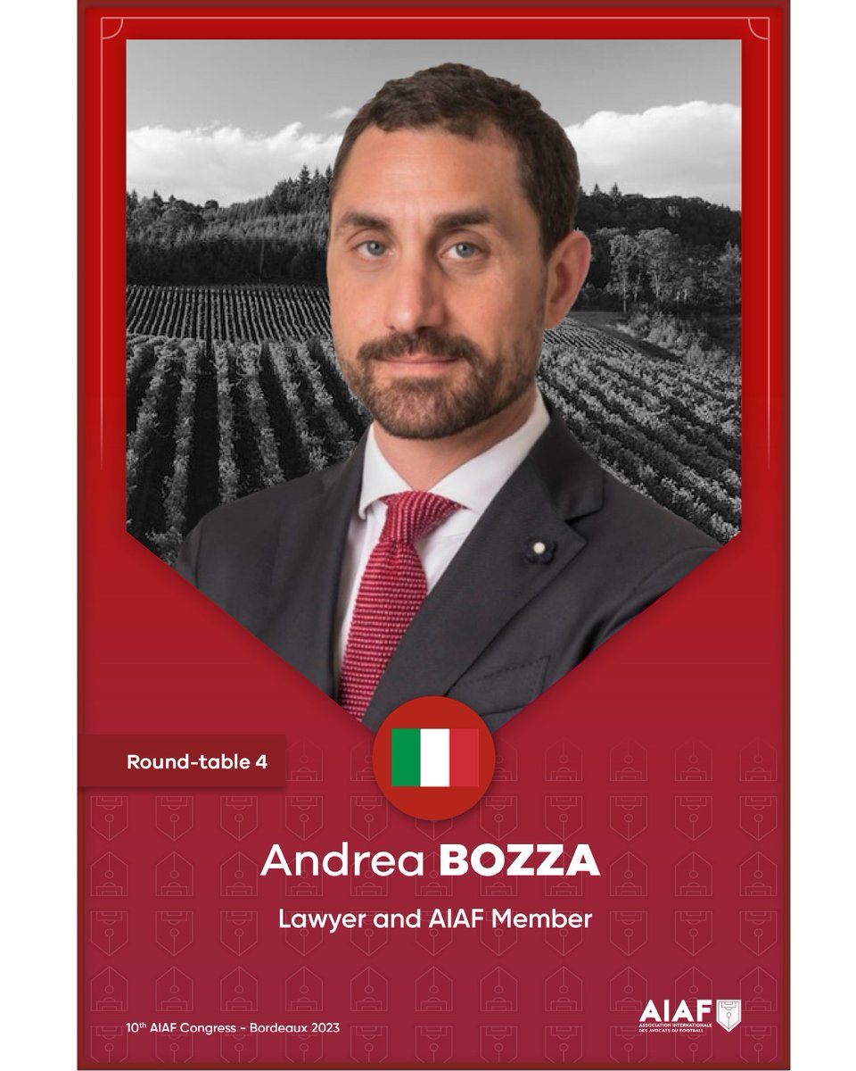 💥Speaker Alert 💥

Delighted to have <a href="/andreabozza79/">Andrea Bozza</a>, top lawyer <a href="/Deloitte/">Deloitte</a>, with us in Bordeaux - RT 4 “European Super League – What Now?”

Join us now… ⤵️

🔴Register here ➡️bit.ly/3IyR7d0

🔗More information: aiaf-law.com/10th-aiaf-cong…