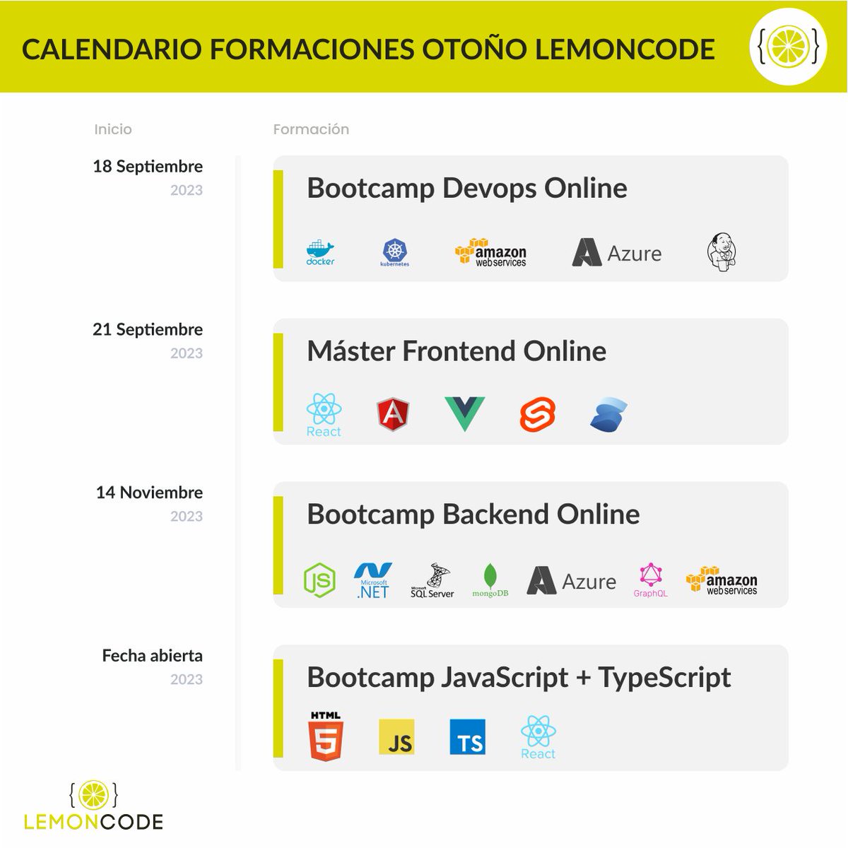 lemoncoders's tweet photo. ¿Con ganas de ponerte al día a partir de septiembre? Aquí va nuestro calendario de formaciones online, muy agradecidos si RT, más info: https://t.co/1vskOMJi1X https://t.co/NqNFiQpQT1