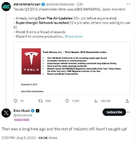 Responding to a snippet of Tesla's Q3 2012 shareholder letter shared by user X, Musk said, "That was a long time ago, and the rest of the industry hasn't caught up!" Who's the next Tesla? $TSLA