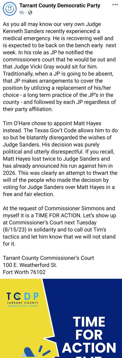AllisonCampolo's tweet photo. Absolutely shameful. Our County Judge is acting directly contrary to usual practice and inserting his highly partisan will over this. Matt Hayes is CLEARLY not who the voters chose - twice!! There is no reason to appoint him when other arrangements were made. https://t.co/dPBsLeDwPk