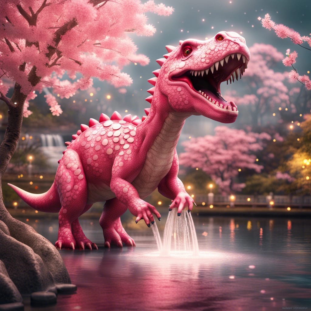 RayaMd5's tweet photo. "A pink dinosaur with red spots and golden scales radiating with white lights among the sakura trees and watering the trees with water from a..." - made with @NightCafeStudio 

https://t.co/rGB3MJdusS

#aiart #nightcafe #digitalart https://t.co/hz9WWn24RR