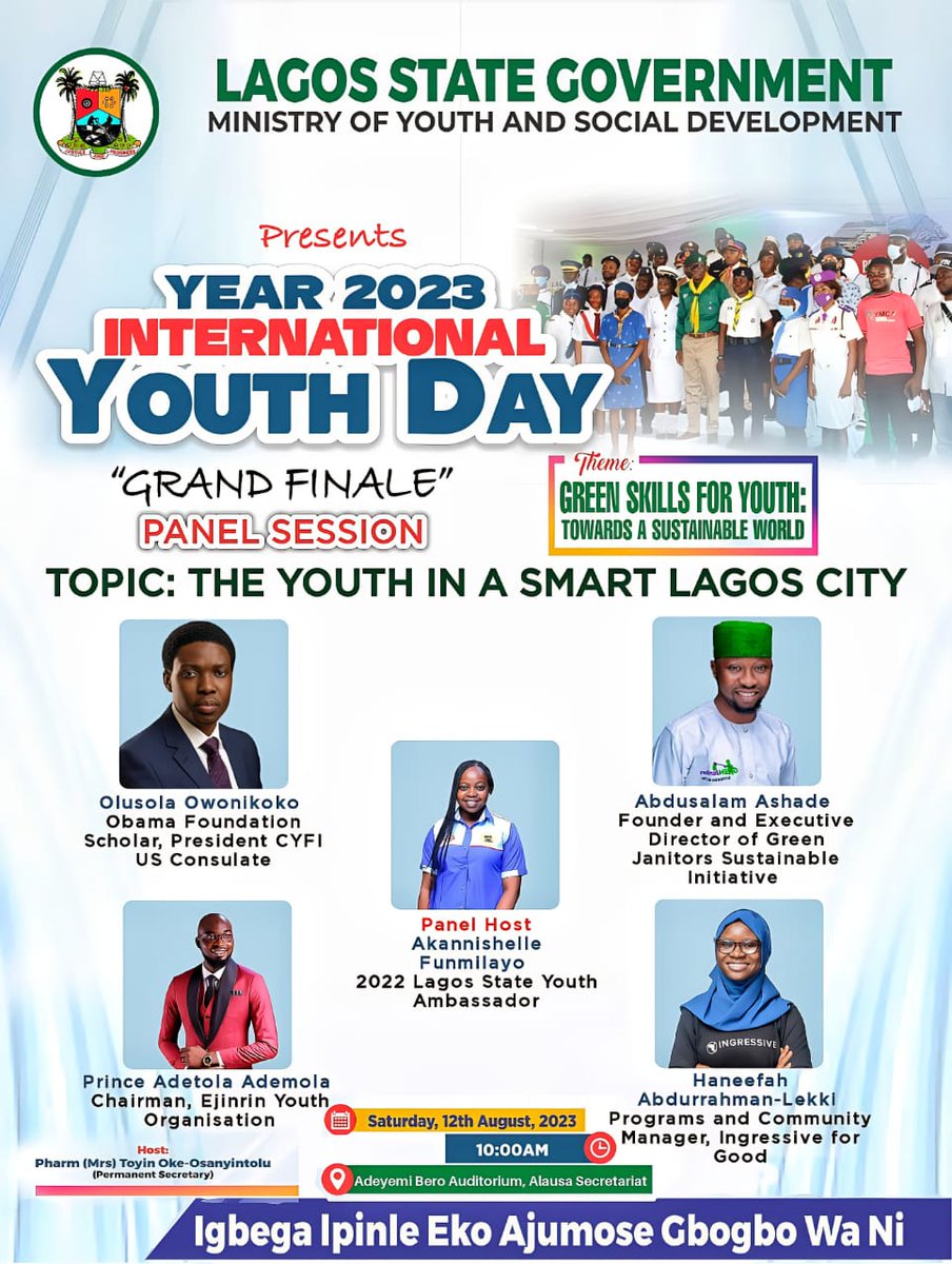 I will be speaking at the International Youth Day 2023 Grand Finale Panel Session organised by the Ministry of Youth and Social Development, Lagos State Government on Saturday 12th of August 2023 at Adeyemi Bero Hall, Alausa, Ikeja, Lagos State.
Build the Youth!
#Greenjanitors