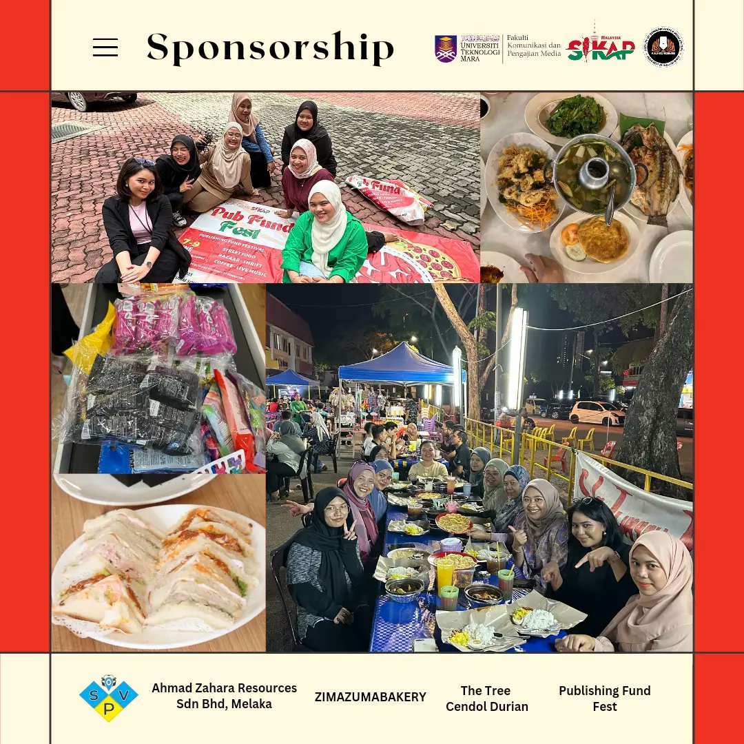 Enormous thanks to our sponsors! Your vital contribution has completed our success story as the support and assistance given enabled SiKAP 2023 to seal the deal with ease! ✨🥰❤️

#SiKAP2023 #Publishing #MasscommStillKickin #MasscommForLife #FinalYearProject #UiTM