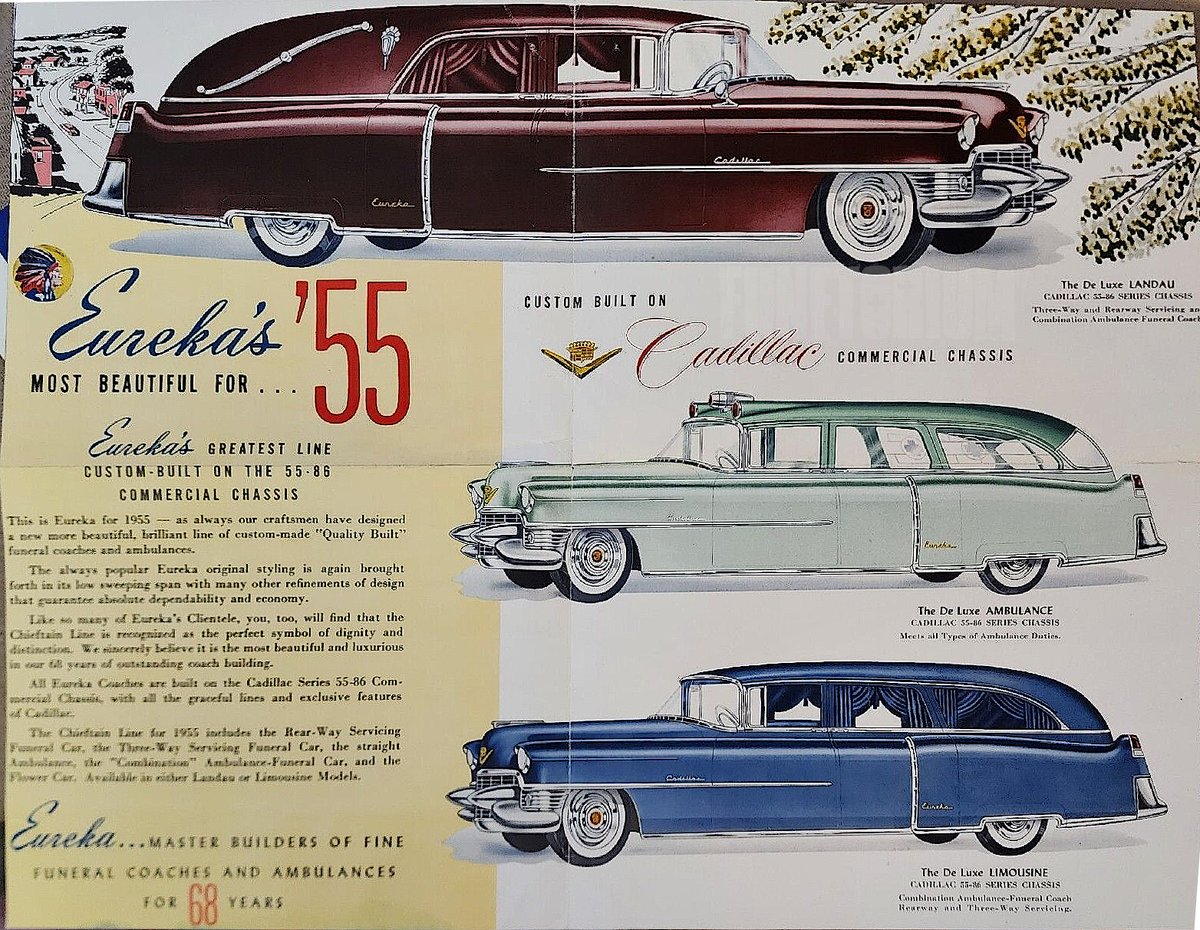 CarManToday's tweet photo. '55 Eureka Landau, ambulance, and limo style coaches from factory folder.
#funetorium #funeralfinds #funeralhistory #funeraladvertising #funeralcoach #vintagecoach #coachbuilt #eureka #cadillac #landau #limostyle #combination #hearse #ambulance #procar #periodadvertising https://t.co/BnPeoIzKjl