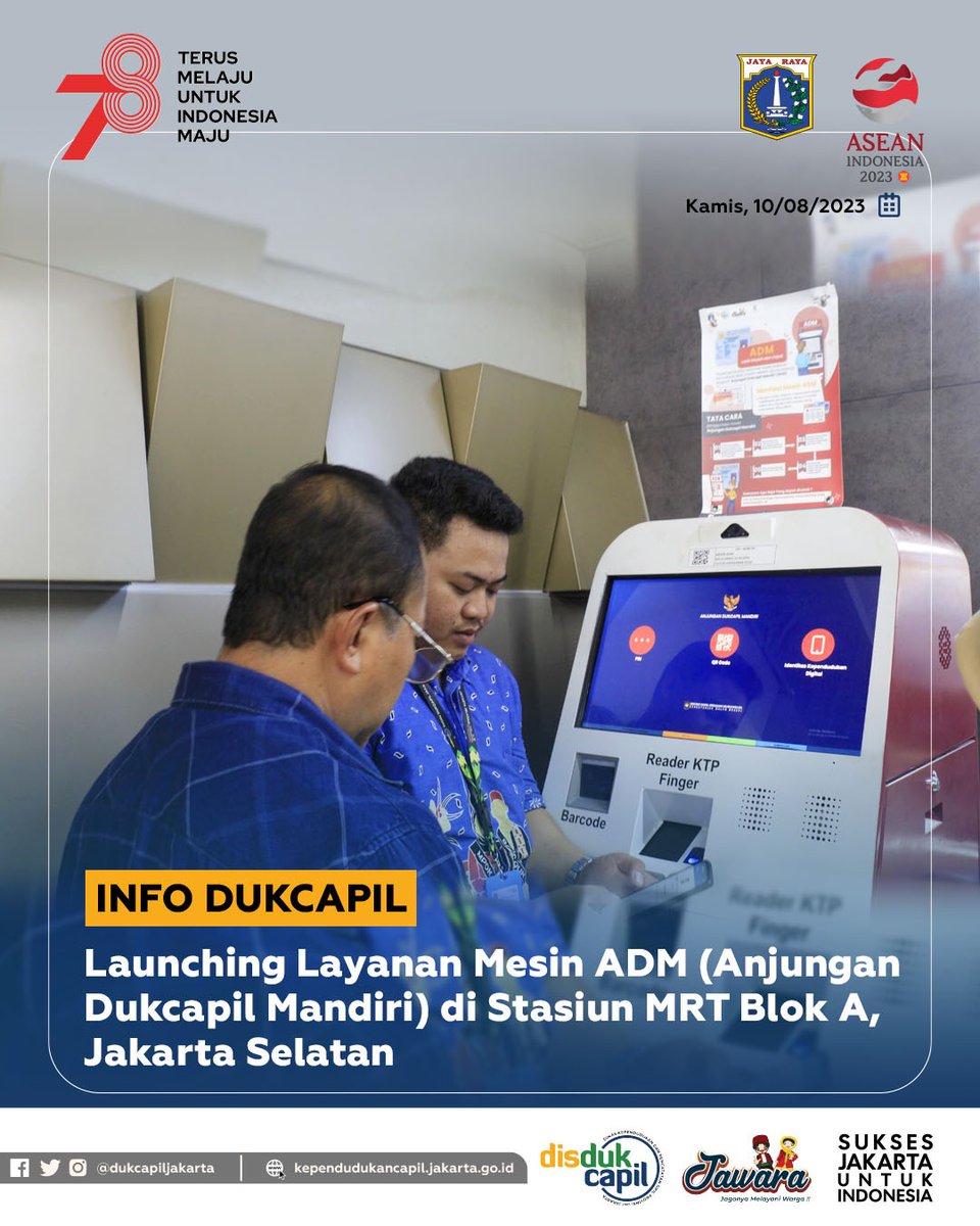 dukcapiljakarta's tweet image. Halo Warga Jakarta👋

Kamis, 10 Agustus 2023

Dinas Dukcapil DKI Jakarta menghadiri Peresmian Pembukaan Gerai Pelayanan Publik di Stasiun MRT Blok A, Dalam rangka memberikan kemudahan kepada masyarakat dengan memperkenalkan layanan mesin Anjungan Dukcapil Mandiri

#dukcapilinfo