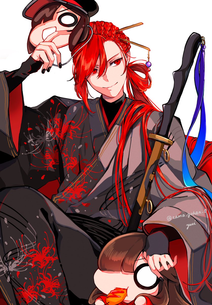 oda nobunaga (fate) red hair red eyes 1boy japanese clothes long hair weapon sword  illustration images