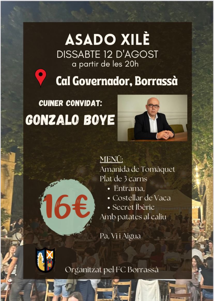 📣Us imagineu gaudir d'una barbacoa a *Borrassà (Alt Empordà)*, a l'aire lliure, cuinada per *Gonzalo Boye*? 🤩

Aquest dissabte us esperem!

🗓 *Dissabte 12 d'agost a les 20h*
📍Lloc: Cal Governador, Borrassà
💶 16€. Els beneficis aniran al Club de Futbol Borrassà

No fallis!