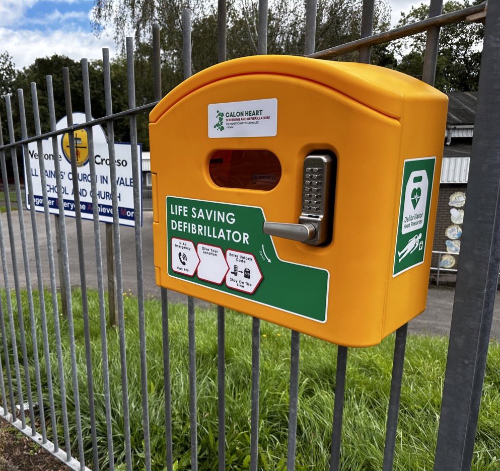 All_SaintsPri's tweet photo. A huge thank you again to Mr Ashworth and his friends, Rob and James who raised funds for Calon Hearts by running the Edinburgh Marathon earlier this year. The new defibrillator for the community of Llanderyrn has now been installed on the school gates and is ready to use. https://t.co/I2aXydGjn0