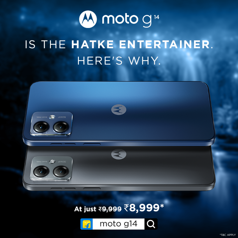 motorolaindia's tweet photo. Get your hands on the hatke entertainer - #motog14 & make your favourite content come to life. Enjoy movies, music, games, video calls & more like never before. Get it at ₹8,999* on @flipkart, https://t.co/azcEfy2uaW & at leading retail stores. #HatkeStyle #HatkeEntertainment