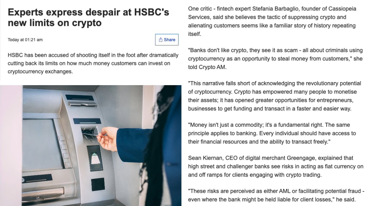 🚀@stefixy, #fintech expert & founder #Cassiopeia Services joins Sean Kiernan CEO @GreengageCo in discussing @HSBC's crypto limits. Their insights shed light on complexities of the evolving #crypto landscape 💎🌐

marketscreener.com/quote/stock/HS…

@CityAM @CityAM_Crypto @Marketscreener1