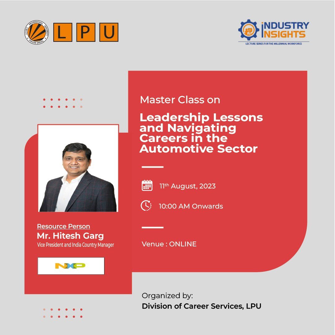 lpuuniversity's tweet photo. Keen about the Automotive Sector? Let us meet for an informative Master Class on "Leadership Lessons and Navigating Careers in the Automotive Sector"!
#LPUForYou #LPUDiaries #LPUReview #LifeAtLPU #OnlineSessions #CorporateWorld #EngineeringAtLPU #HappyVertos #ProudVertos https://t.co/LXDW13pOPM
