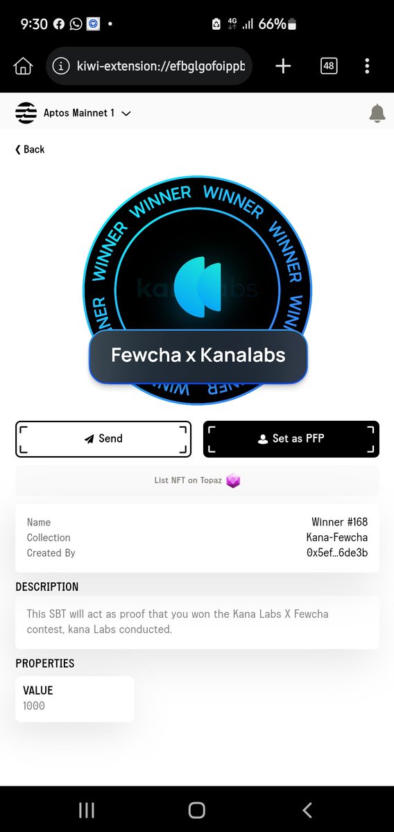 Olami1044's tweet photo. I have received an SBT as a proof of winning the @kanalabs X Fewcha contest organised by kana Labs in @Aptos_Network . This SBT will act as a proof for my win on-chain and will also unlock future benefits in the Kana Labs ecosystem. https://t.co/a29Sk19NXk