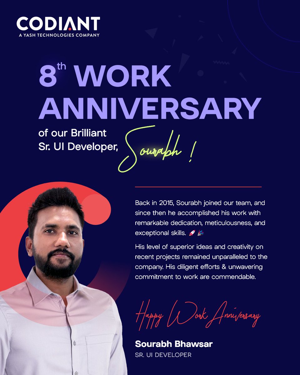 CODIANTSoftware's tweet image. Cheers on completing 8 years of UI excellence and bringing in the best colors, creativity, and UI designs solutions to us.
Many Congratulations Sourabh Bhawsar on completing an incredible milestone.
#8YearAnniversary #workanniversary #uiuxdevelopment #ThankYou #codiant