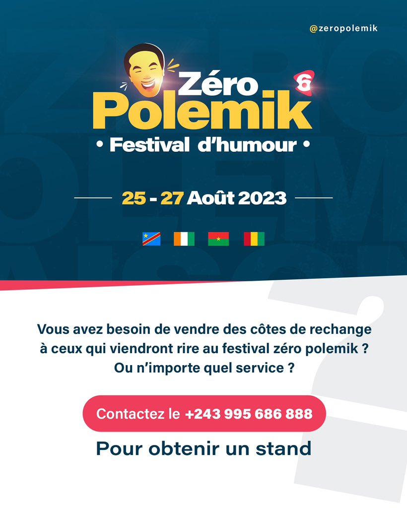 Vous êtes entrepreneurs ou commerçants, Vous désirez vendre vos produits et services pendant les 3 jours du festival Zéro polemik ? 

Contactez le +243995686888 pour obtenir un stand! 

#zeropolemik #festivalhumour #rire #stand #bukavu #rdcongo🇨🇩