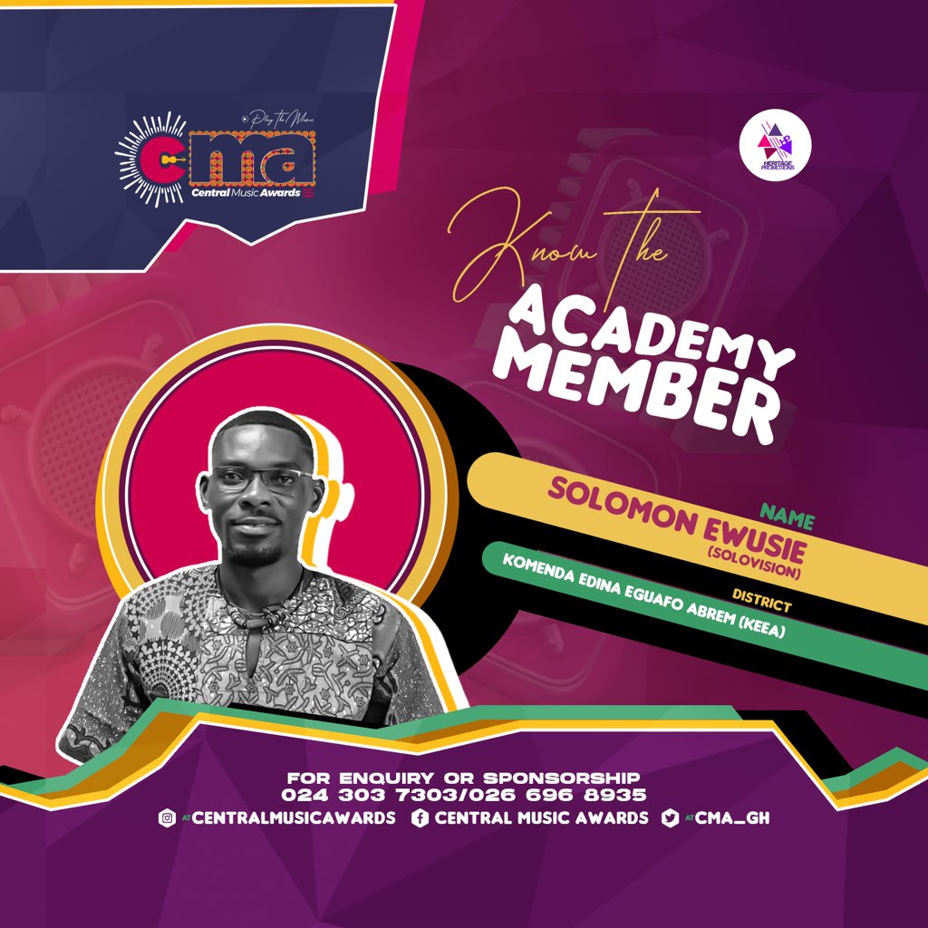 Blogger &amp; Digital Marketing Expert, <a href="/iamsolovision/">Solomon Ewusie</a>, is our new Central Music Awards Academy Representative for KOMENDA EDINA EGUAFO ABREM (KEEA). 

NB: Entries for nomination open on Monday, 28th August 2023. 

The <a href="/CMA_Gh/">𝐂𝐞𝐧𝐭𝐫𝐚𝐥 𝐌𝐮𝐬𝐢𝐜 𝐀𝐰𝐚𝐫𝐝𝐬 2025</a> is powered by <a href="/heritagepromogh/">Heritage Promotions</a> 

#CMA23 #PlayTheMusic