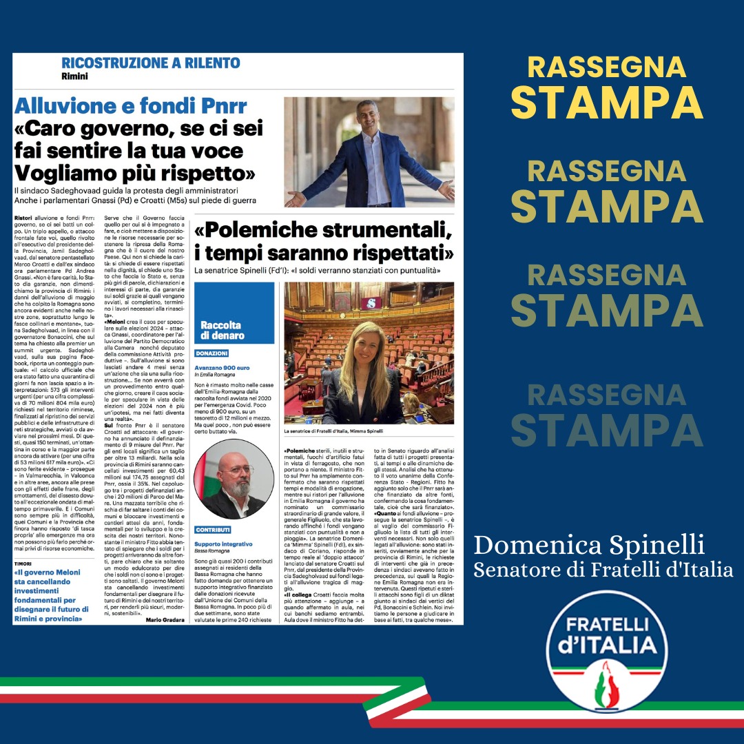 Il #PNRR sarà erogato regolarmente.
I fondi per l' #alluvione sono al vaglio del Commissario Figliuolo.
Il #PD ascolti di più e polemizzi di meno.
Dichiarazione completa⤵️