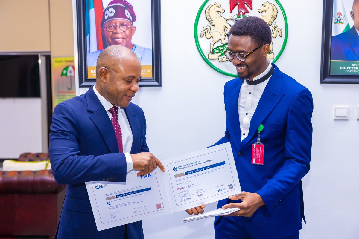 PNMbah's tweet photo. I was pleased to recieve a great son of Enugu, Amobi Ezeaku yesterday at the Lion building. He visited to present his FIFA Master and UEFA Certificate in Football Management to me. Ezeaku is the first Igbo person to have both.  He has done very well and we couldn't be more proud of him.