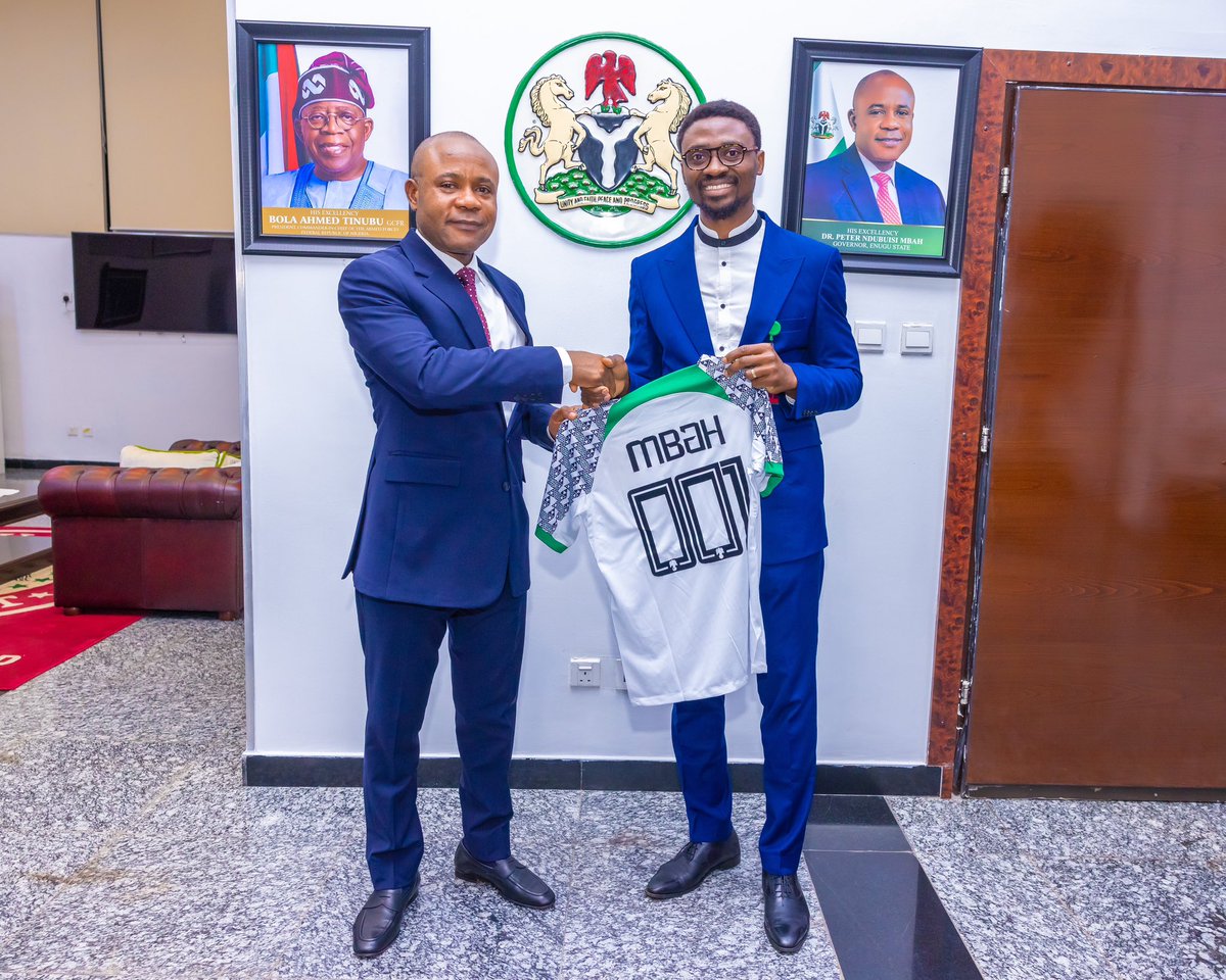 PNMbah's tweet photo. I was pleased to recieve a great son of Enugu, Amobi Ezeaku yesterday at the Lion building. He visited to present his FIFA Master and UEFA Certificate in Football Management to me. Ezeaku is the first Igbo person to have both.  He has done very well and we couldn't be more proud of him.