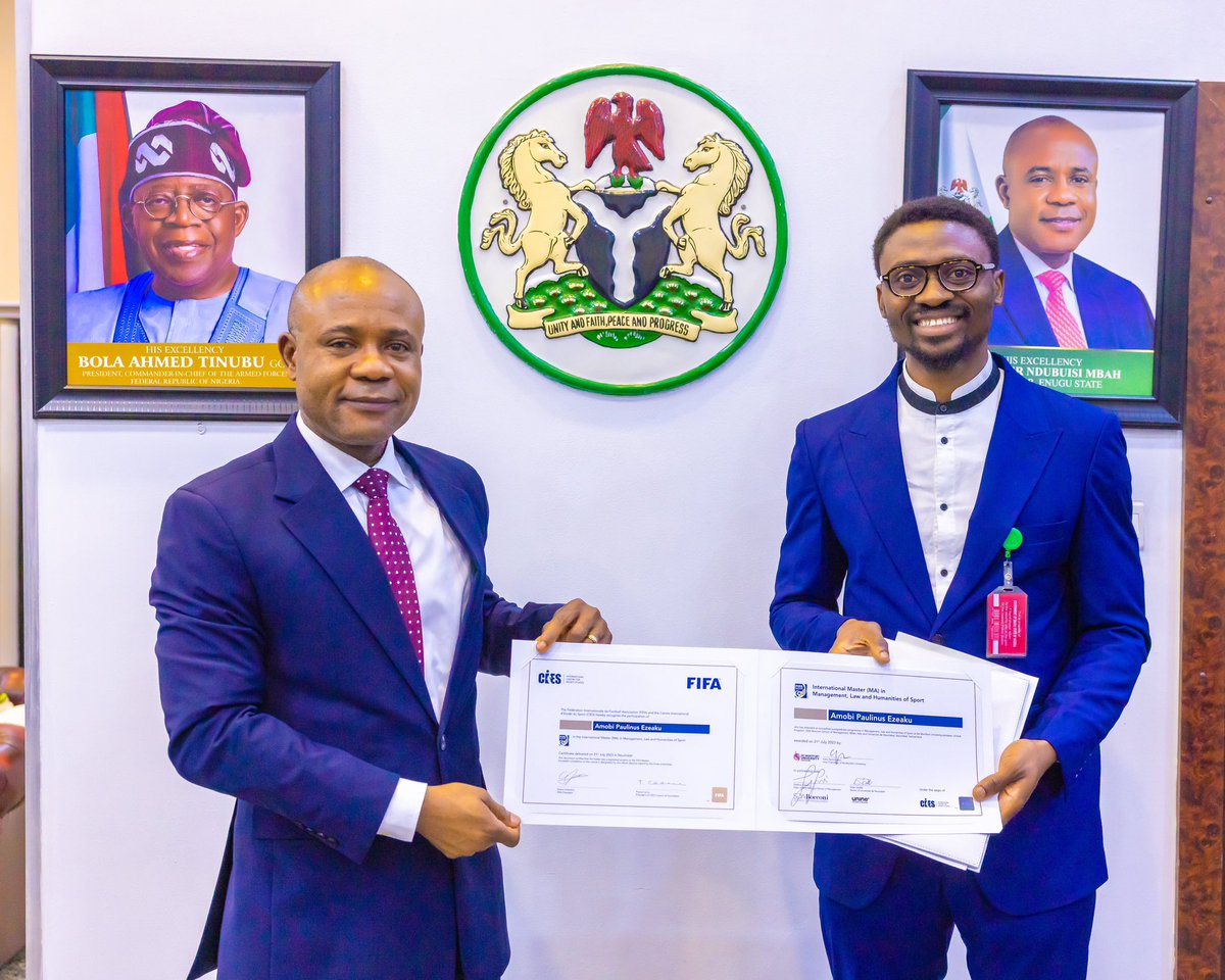 PNMbah's tweet photo. I was pleased to recieve a great son of Enugu, Amobi Ezeaku yesterday at the Lion building. He visited to present his FIFA Master and UEFA Certificate in Football Management to me. Ezeaku is the first Igbo person to have both.  He has done very well and we couldn't be more proud of him.