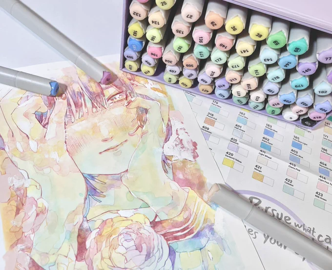 Arrtx( )様の淡色特化アルコールマーカーでお絵描き  パステルカラー画材って「全然濃いじゃん!」な物が多いけど、これは本当に淡〜い絶妙な色が沢山!感動 マーカーは中学生ぶりな私も臆せず楽しく塗れました!  商品のプレゼント企画もさせていただくのでお楽しみに #arrtx #PR  ↓