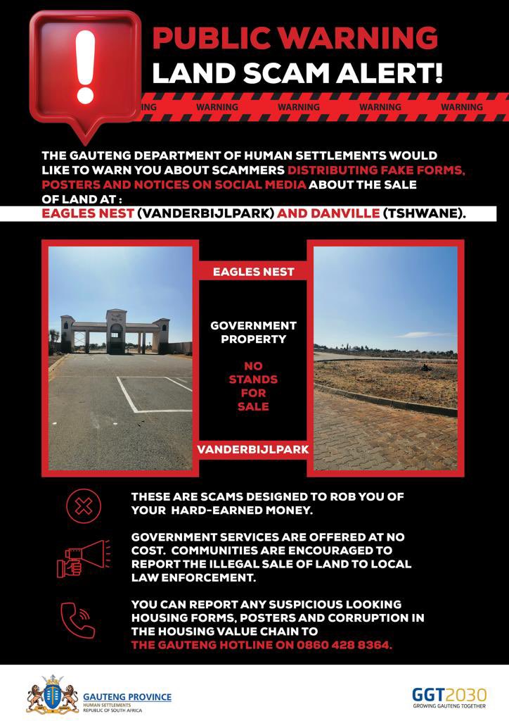 GP_DHS's tweet photo. PUBLIC WARNING
Beware of scammers distributing fake forms, posters and notices on social media about the sale of land at Eagles Nest (Vanderbijlpark) and Danville (Tshwane). There are no available stands for sale. https://t.co/cKphMme3lk
