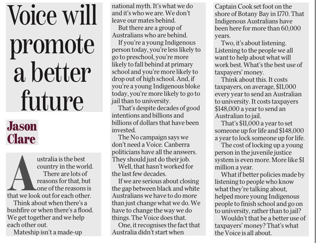 JasonClareMP's tweet photo. If you’re a young indigenous bloke today you’re more likely to go to jail than uni.

It costs taxpayers $11K a year to send an Australian to uni. It costs $148K a year to send someone to jail. 

Here’s my OpEd in the ⁦@dailytelegraph⁩ today about the Voice 👇👇 https://t.co/XJeXA22xKi