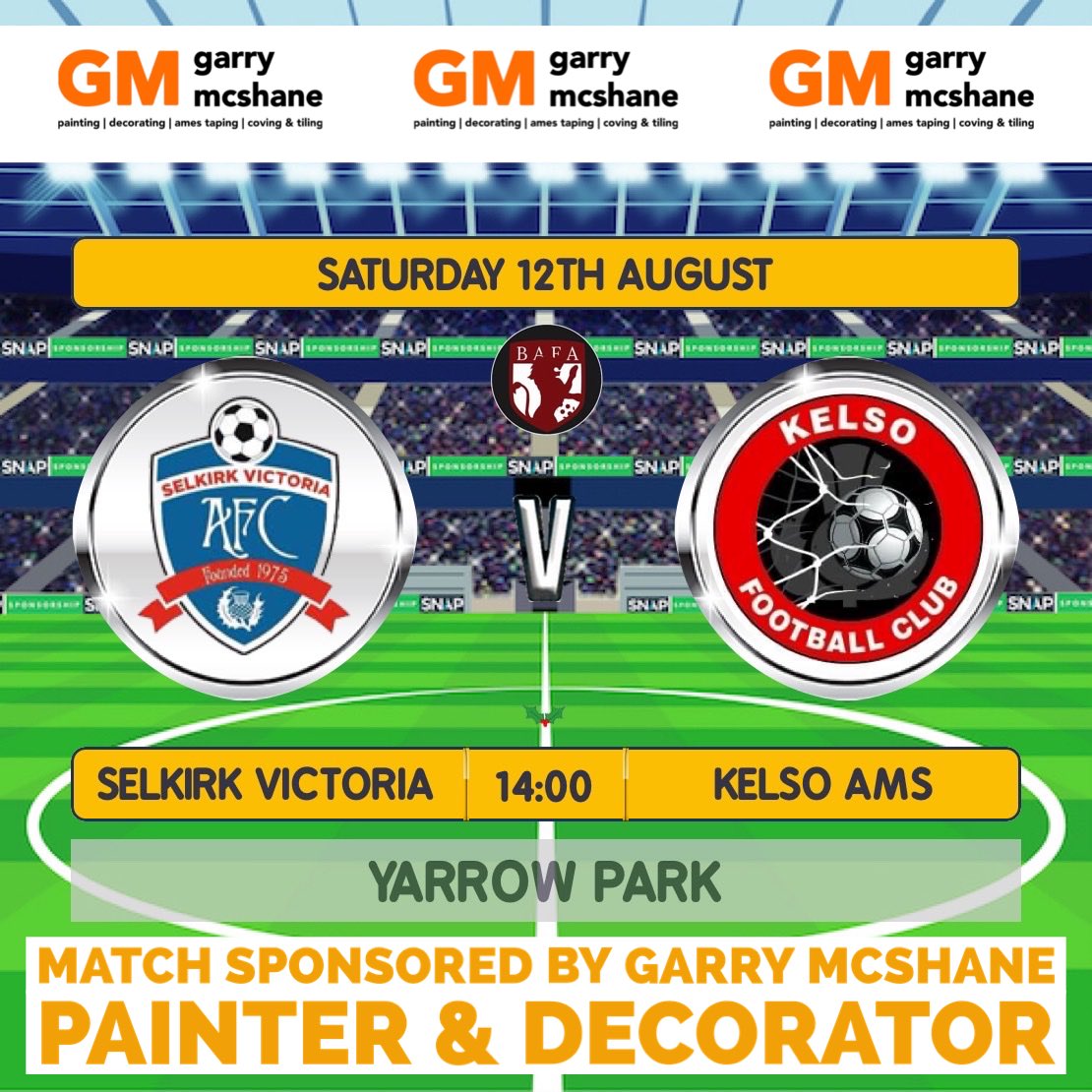 Selkirk Vics v Kelso Ams this Saturday @ Yarrow Park in the league opener. 

Thank you to Garry McShane Painter &amp; Decorator for sponsoring the match. 

garrymcshane.co.uk