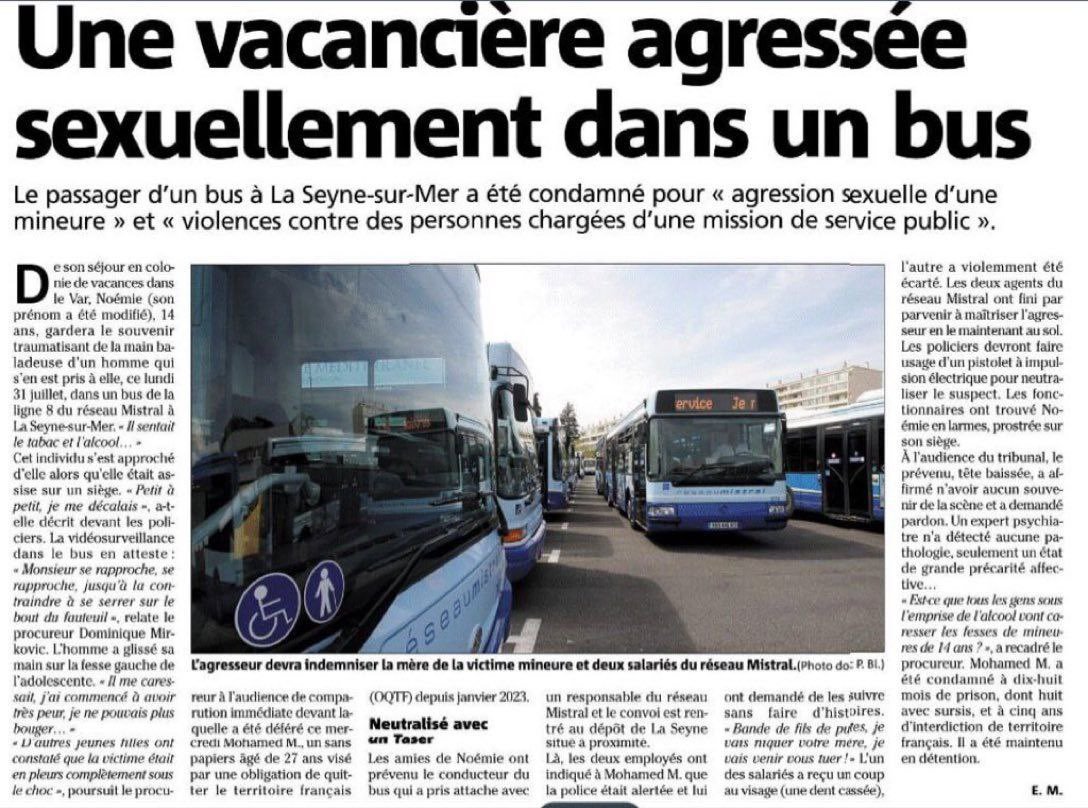 ChLECHEVALIER's tweet photo. #PRESSE_mensongère :
TOUT POUR MASQUER LEURS CRIMES !
Lisez le titre hypocrite de #Var_Matin :
1/ La "vacancière mineure" est une petite fille de seulement 14 ans ;
2/ Le "passager" est son AGRESSEUR !! Il s'appelle : Mohamed_M
Le cher homme est sous #OQTF, bien sûr.
Mais @GDarmanin (ex-#LR...) s'en moque !!
#Mohamed_M ressortira bientôt (et il est en "grande misère affective")...