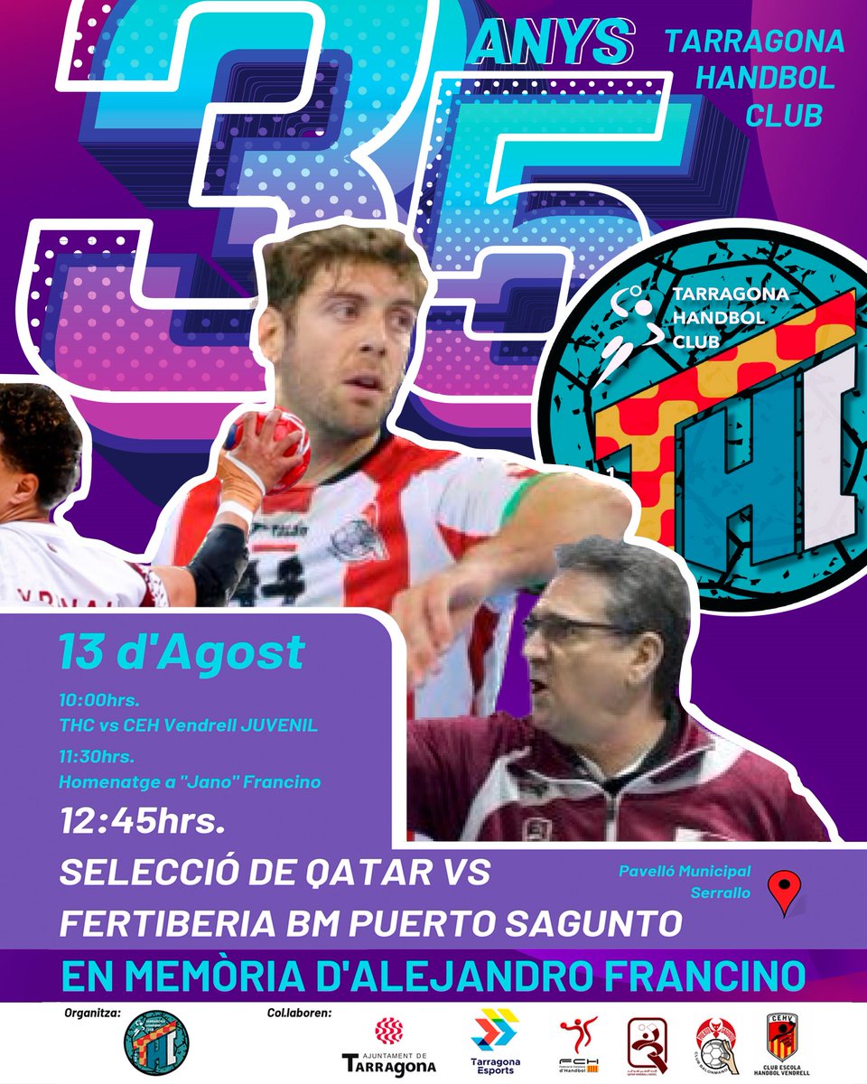 💥El <a href="/thandbolc/">Tarragona Handbol</a> us convida a gaudir d'un emocionant partit el proper diumenge, 13 d'agost, entre la selecció de Qatar i el <a href="/bmpuertosagunto/">BM PUERTO SAGUNTO</a>.

👉 Aquest encontre (12:45h al Pavelló del Serrallo) es farà en memòria d'Alejandro Francino.

🙌 L'entrada és lliure. Us hi esperem!