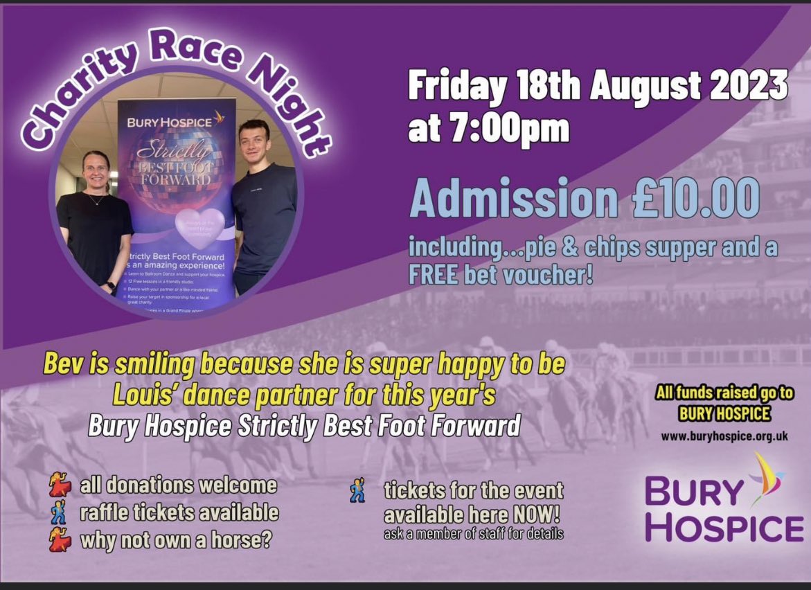 Anyone local to the bury area on here fancy a night out why not join on this charity race night and help raise some money for charity it's £10 admin including free supper and a bet voucher and there is also buy a race horse and name it for just £3 if your interested get in touch