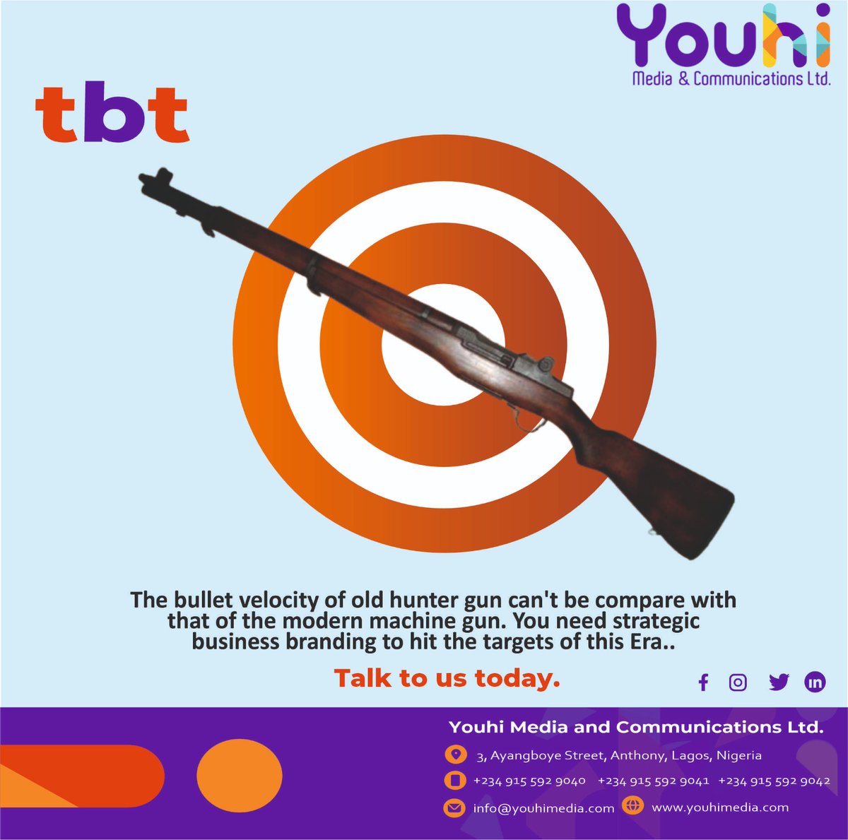 youhimedia's tweet image. The bullet velocity of old hunter gun can't be compare with that of the modern machine gun. You need strategic business branding to hit the targets of this Era...

Talk to us today!

#marketingestrategico
#strategicmarketing
#strategicbranding
#brandingdesign
#brandingsolutions