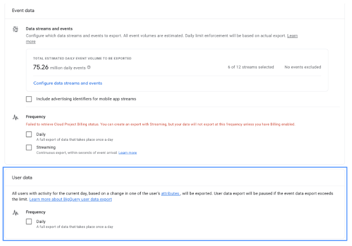 Nový export z GA4 do BigQuery na obzoru - User data export. Užitečnost mi ale přijde slabší, protože link mezi GA4 ID a User ID vám to nevyexportuje. Na druhou stranu je tu přesah do reklamních systému (Audiences, Predictions), to užitečné být může. support.google.com/analytics/answ…
