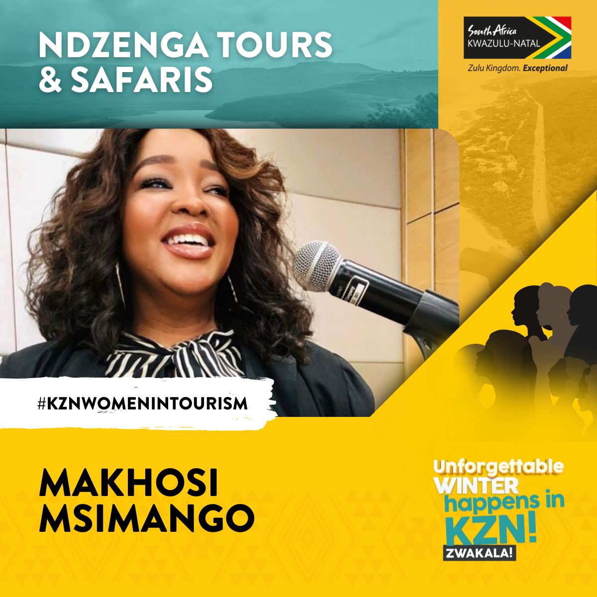 VisitKZN's tweet photo. Meet Makhosi Msimango, founder of Ndzenga Tours &amp; Safaria &amp; Chairperson of Women in Tourism KZN. Since 2010, they've showcased KZN's beauty, from Zululand's rural roads to our picturesque spots. Experience diverse adventures with Ndzenga Tours! 

#KZNWomenInTourism #WomensMonth https://t.co/9ec8WweAN2