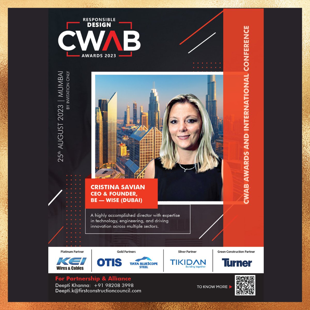 Exciting news!🎉
Honoured to be a speaker at the 18th Construction World Architect &amp; Builder (CWAB) Awards 2023. Thrilled to share insights on Responsible Design with industry leaders. Grateful to CWAB for this opportunity.
See you there!🏆
#CWABawards #digitaltwins #construction
