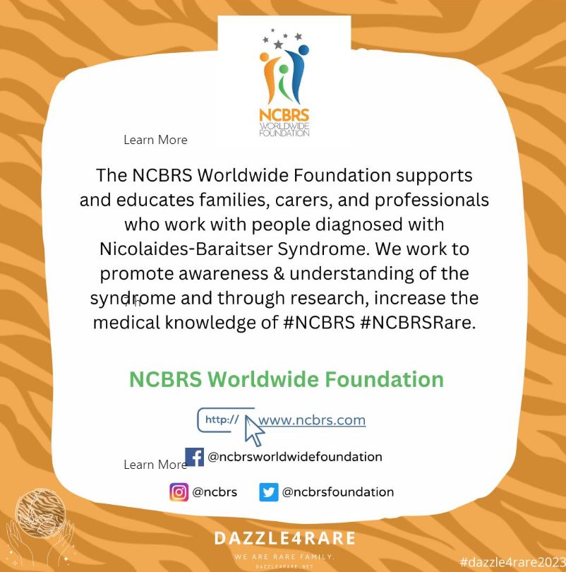 Thank you NCBRS Worldwise Foundation for sharing our message 🧡
Please see below to find out more about their work!
For more information, visit ncbrs-worldwide-foundation.weebly.com 
#Dazzle4Rare #NCBRS #FOPFriends