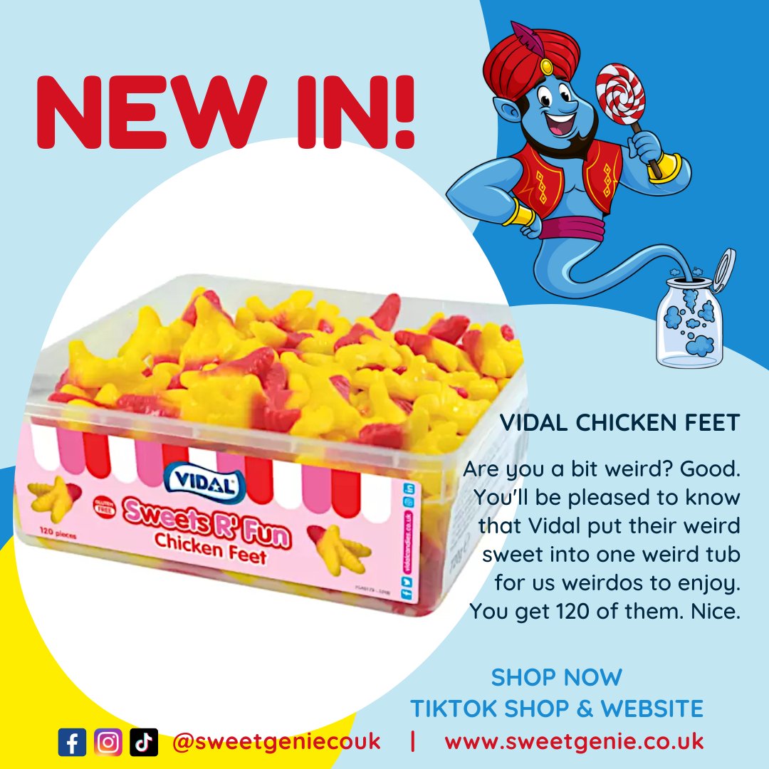 SweetGenieCoUk's tweet photo. NEW Vidal Chicken Feet, in a tub!
Sweet Genie is an online sweet shop that supplies a wide range of snacks, chocolate, candy, crisps and drinks.
#sweets #snacks #candy #sweetshop #pickandmix #uk #smallbusiness #vidal #cherry #cherryflavour #cherrysweets #chickenfeet #sweettubs https://t.co/yWNCXcWpQG