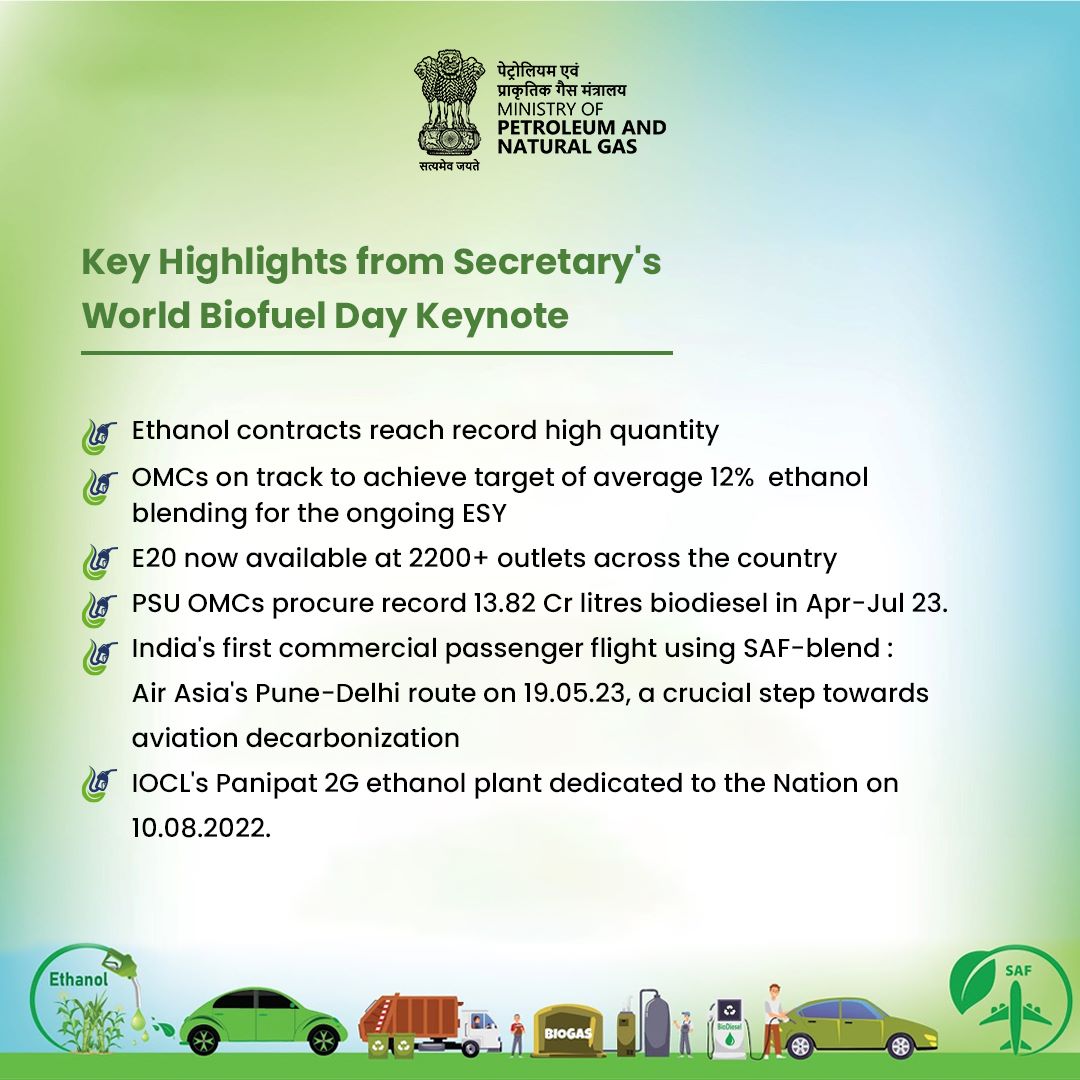 Today, @Secretary_MoPNG Shri Pankaj Jain delivered inaugural address in #MoPNG #WorldBiofuelDay webinar with the theme 'Fuels for a Sustainable Future.' Highlighting the significance of #Biofuels, he emphasised India’s energy sector achievements in the biofuel landscape.