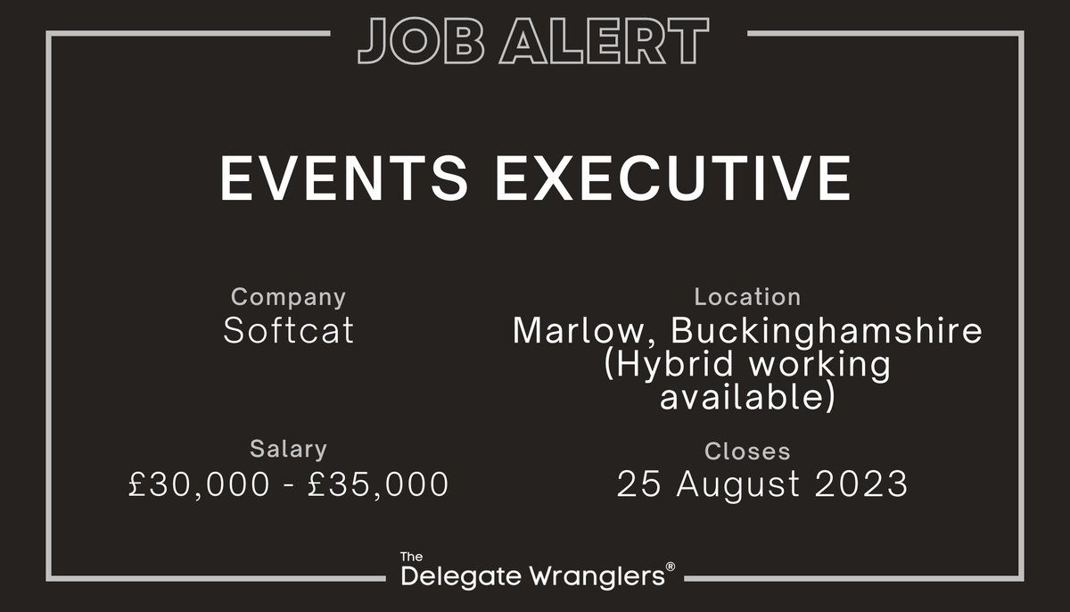 ➡️ NEW PREMIUM JOB ALERT 
Role: Event Executive
Company: <a href="/softcat/">Softcat</a>
Location: Marlow, Buckinghamshire (Hybrid working available)
Salary: £30,000 - £35,000
Closing date: 25 August 2023
Check it out in full and apply here: bit.ly/3OmHhwQ